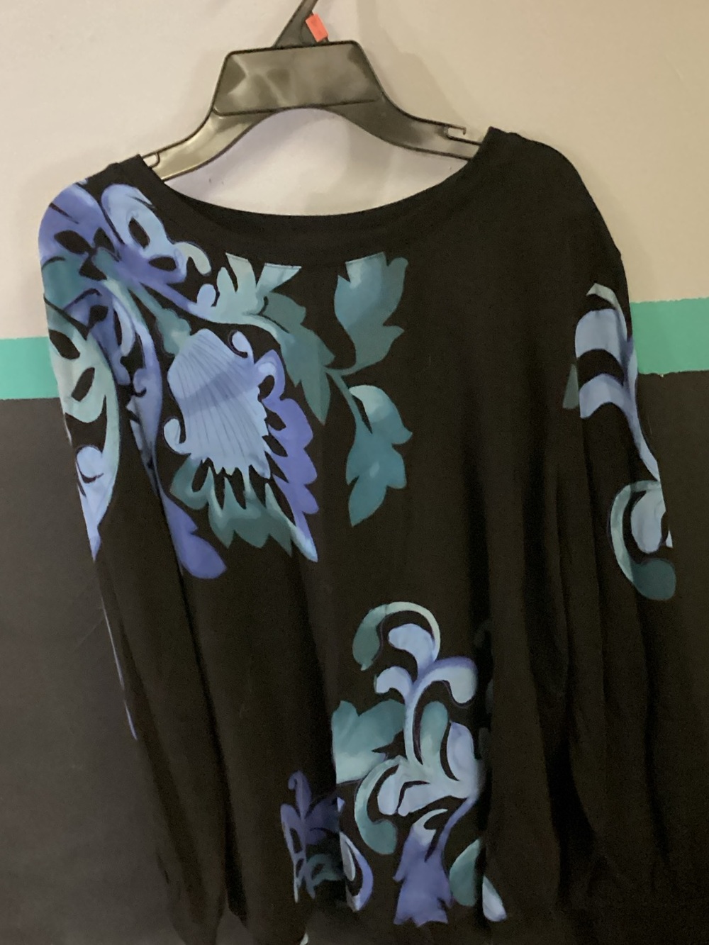 Chico's Black Top with Blue and Teal Floral Motif